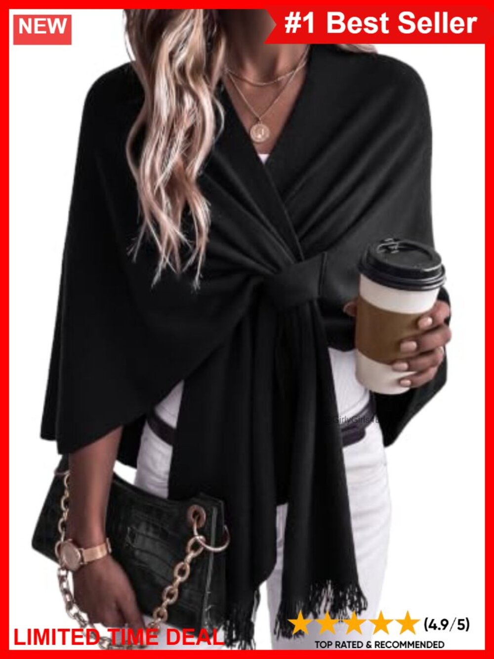 Wool Blend Fringe Shawl Wrap Loop Closure One Size